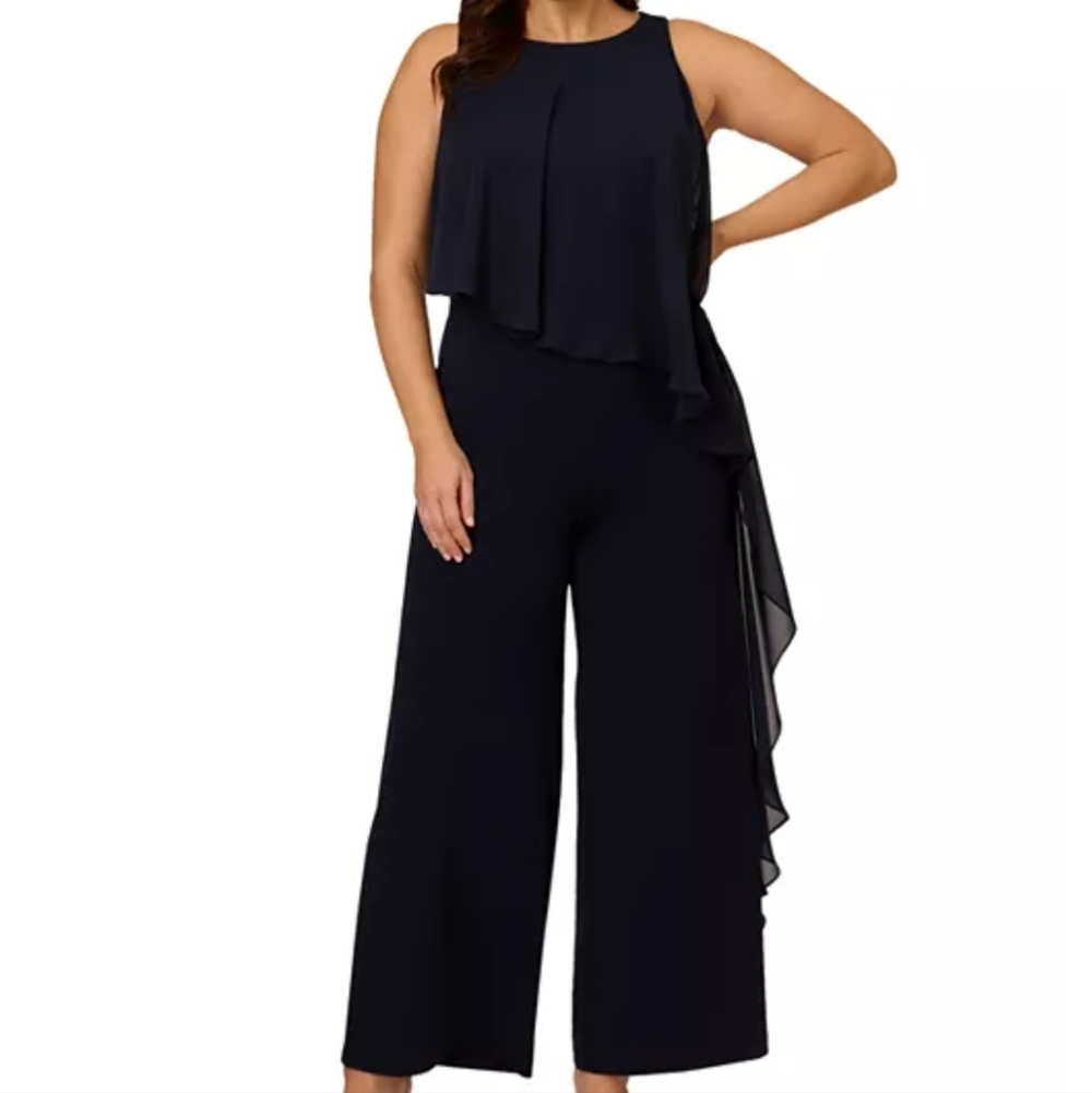 Adrianna Papell Midnight Blue‎ Chiffon Crepe Jumpsuit Ptp 25 Inseam 32